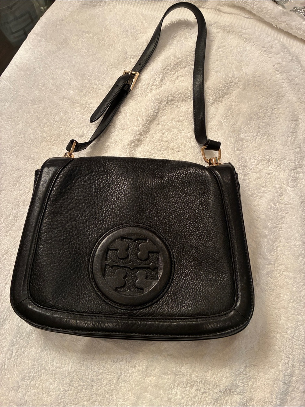 Tory Burch Black Pebbled Leather Logo Shoulder Bag